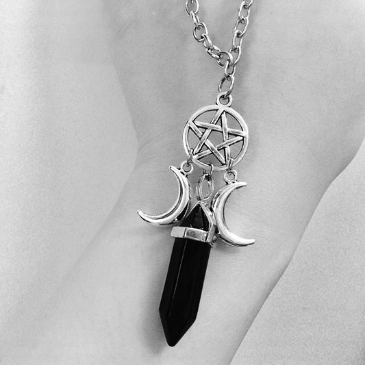 Triple Goddess Crystal Point Pentacle Moon Necklace, Moonstone Pendant Wiccan Witchcraft Collar Jewelry Women Creative Gift