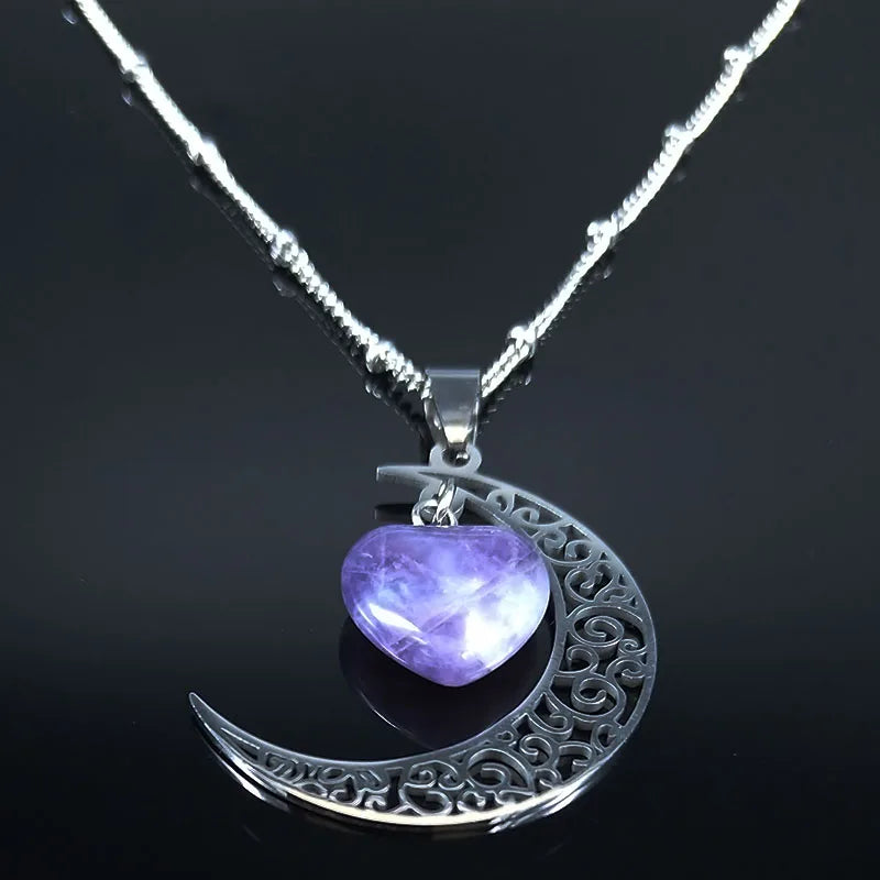 Witchcraft Witch Crescent Moon Stainless Steel Purple Crystal Chain Necklace Women Silver Color Necklace Jewelry collares N6327