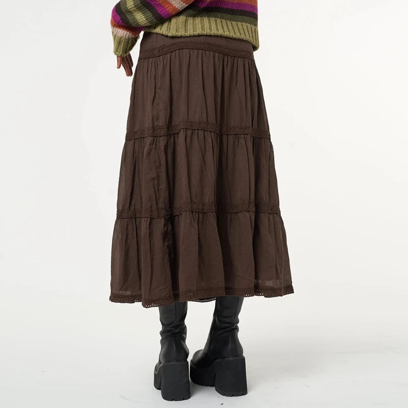 y2k Fairy Grunge Kawaii High-Waisted Vintage Brown Long Pleated Skirt Midi Skirt Women Korean Harajuku Retro Mall Goth Clothes