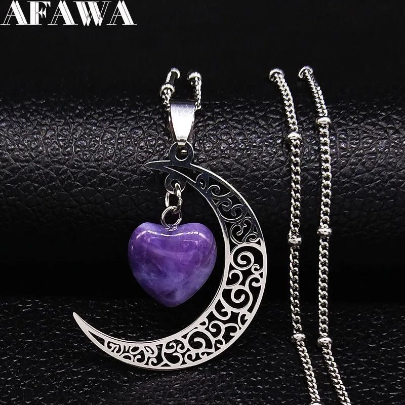 Witchcraft Witch Crescent Moon Stainless Steel Purple Crystal Chain Necklace Women Silver Color Necklace Jewelry collares N6327