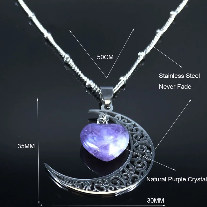 Witchcraft Witch Crescent Moon Stainless Steel Purple Crystal Chain Necklace Women Silver Color Necklace Jewelry collares N6327