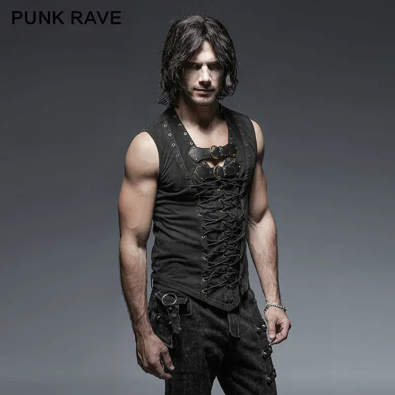 Punk Rave Mens Black Steampunk Rock Casual fashion Goth Punk T-shirt top T421