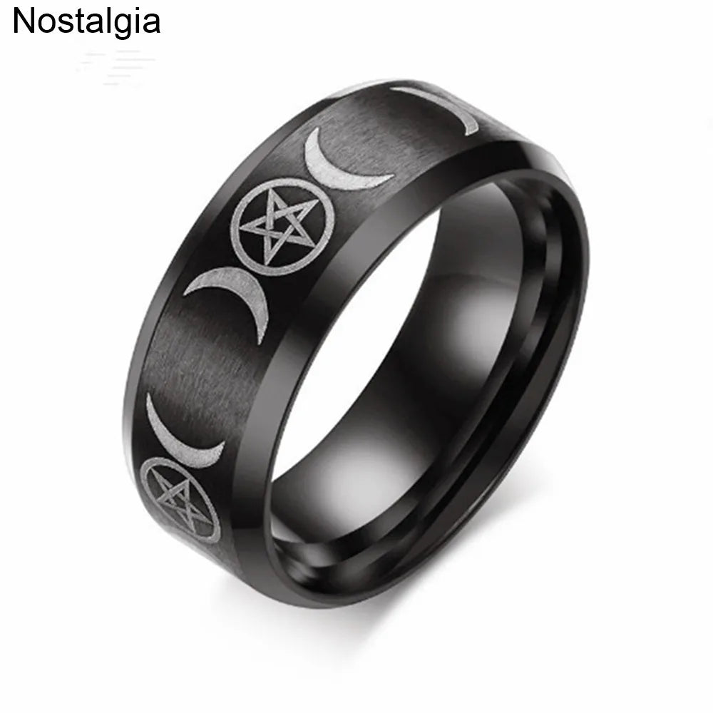 Triple Moon Goddess Wicca Witchcraft Titanium Moon Signet Ring Men Black Punk Stainless Steel Jewelry Gift For Women