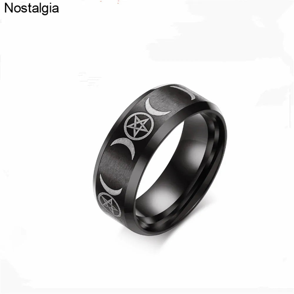 Triple Moon Goddess Wicca Witchcraft Titanium Moon Signet Ring Men Black Punk Stainless Steel Jewelry Gift For Women