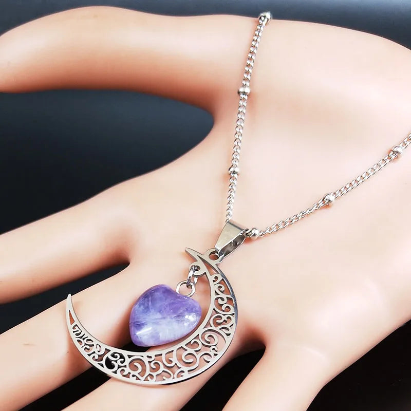 Witchcraft Witch Crescent Moon Stainless Steel Purple Crystal Chain Necklace Women Silver Color Necklace Jewelry collares N6327