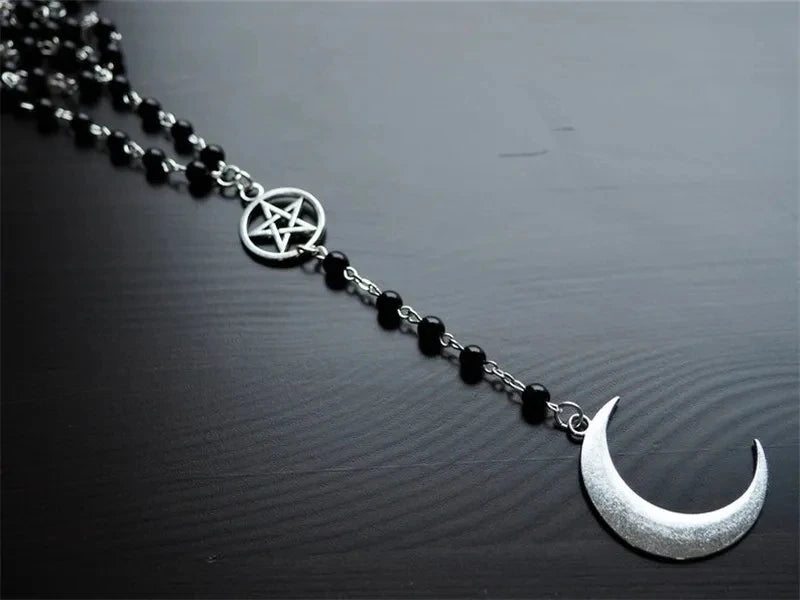 Gothic crescent and Pentagram long necklace, spirit moon bead, black bead jewelry, pagan witchcraft worship jewelry