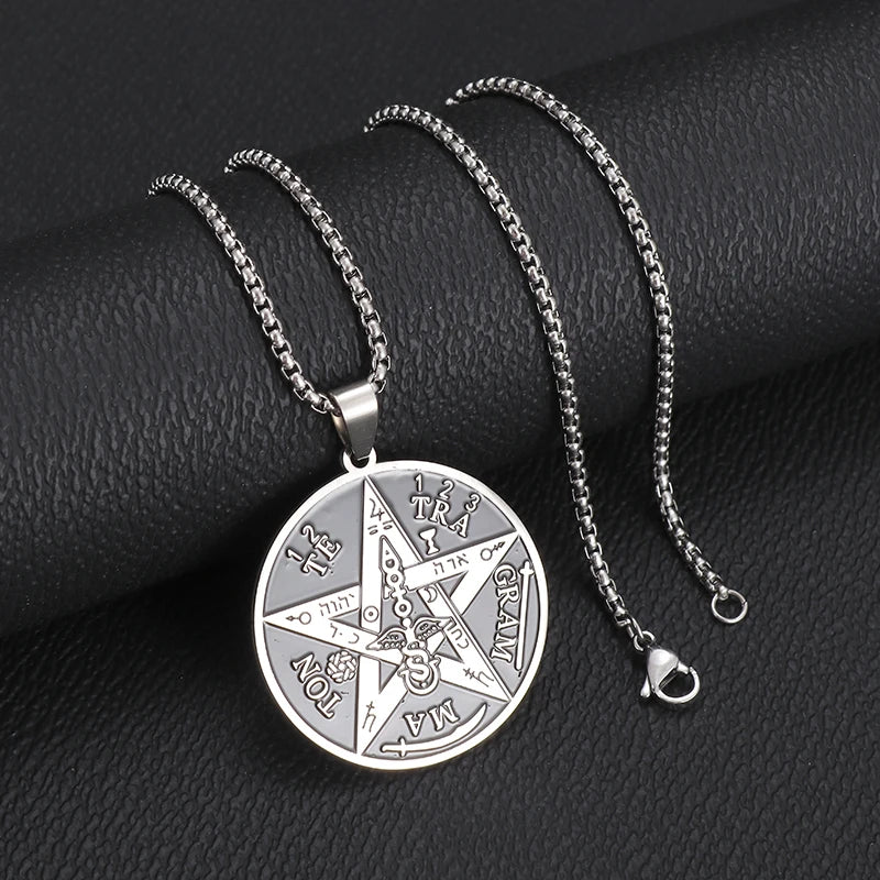 Witchcraft Pentagram Stainless Steel Necklace Men\\\\'s Jewish Hebrew Tetragrammaton Pendant Guardian Star Rune Solomon Jewelry