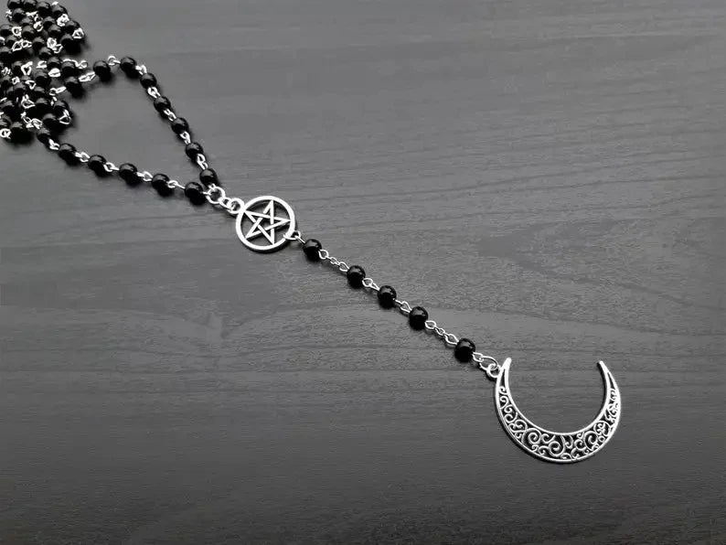 Gothic crescent and Pentagram long necklace, spirit moon bead, black bead jewelry, pagan witchcraft worship jewelry