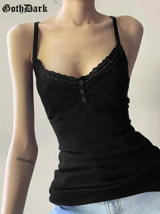 Goth Dark V-neck Sexy Basic Black Women Camis Grunge Style Emo Button Up Casual Crop Tops Y2k Lace Trim Ruched Alt Clothes 2023