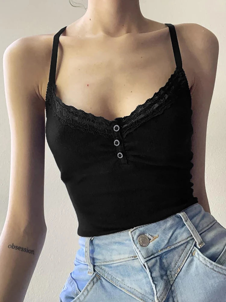 Goth Dark V-neck Sexy Basic Black Women Camis Grunge Style Emo Button Up Casual Crop Tops Y2k Lace Trim Ruched Alt Clothes 2023