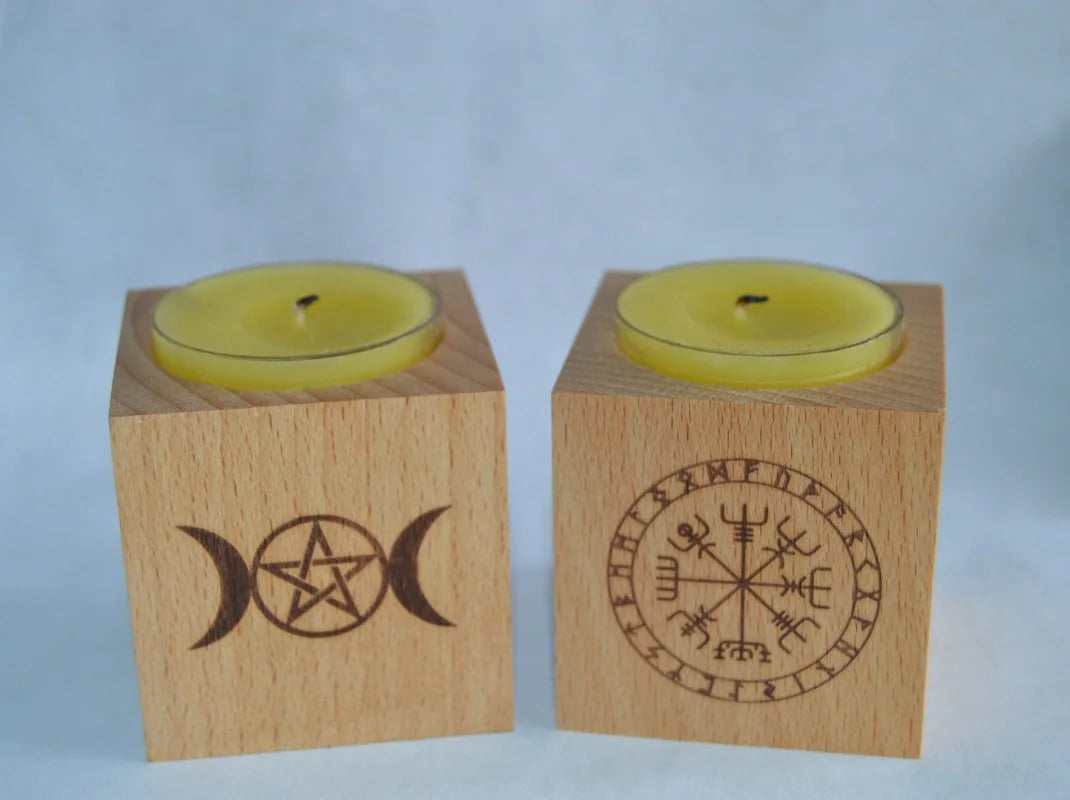 Wood Altar candle holders  wooden Candlestick with triple moon Viking compass runes ritual light holders witchcraft supplies