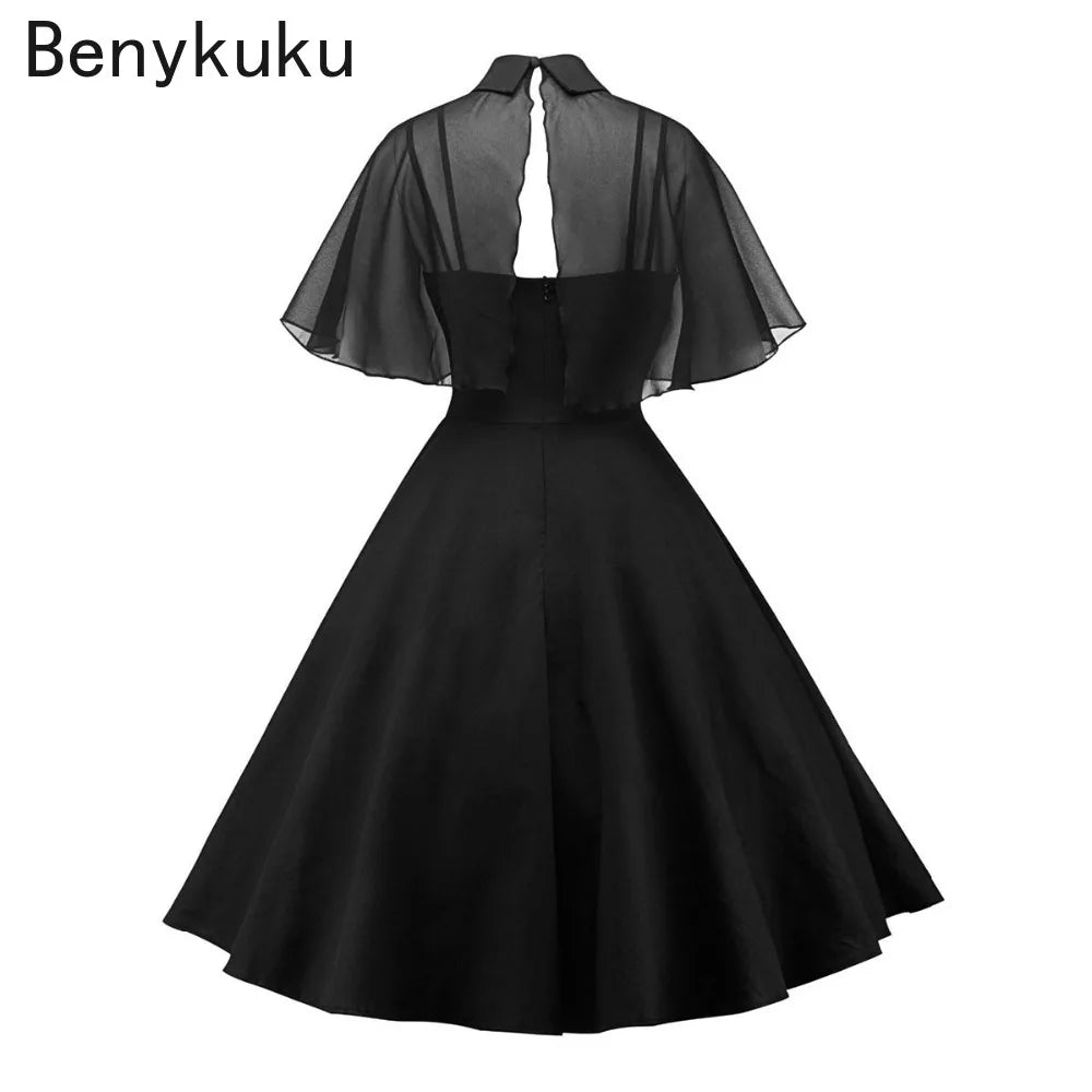 Women Vintage Gothic Cape Black Dress 2024 Autumn Two Piece Mesh Cloak Sleeves Peter Pan Collar Elegant Retro Goth Party Dresses