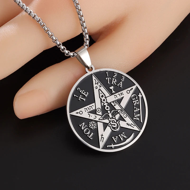 Witchcraft Pentagram Stainless Steel Necklace Men\\\\'s Jewish Hebrew Tetragrammaton Pendant Guardian Star Rune Solomon Jewelry