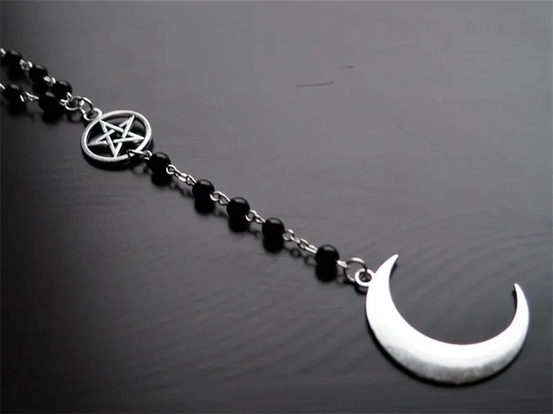 Gothic crescent and Pentagram long necklace, spirit moon bead, black bead jewelry, pagan witchcraft worship jewelry