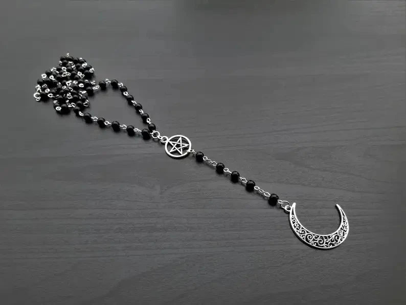 Gothic crescent and Pentagram long necklace, spirit moon bead, black bead jewelry, pagan witchcraft worship jewelry