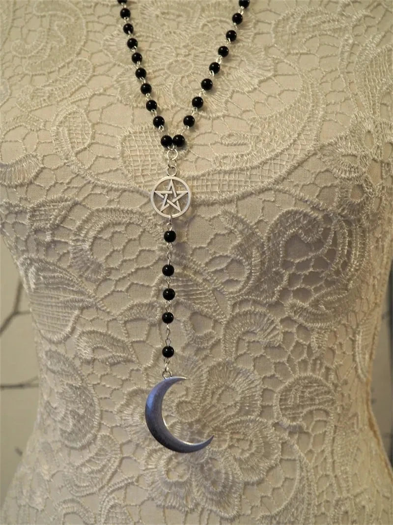 Gothic crescent and Pentagram long necklace, spirit moon bead, black bead jewelry, pagan witchcraft worship jewelry