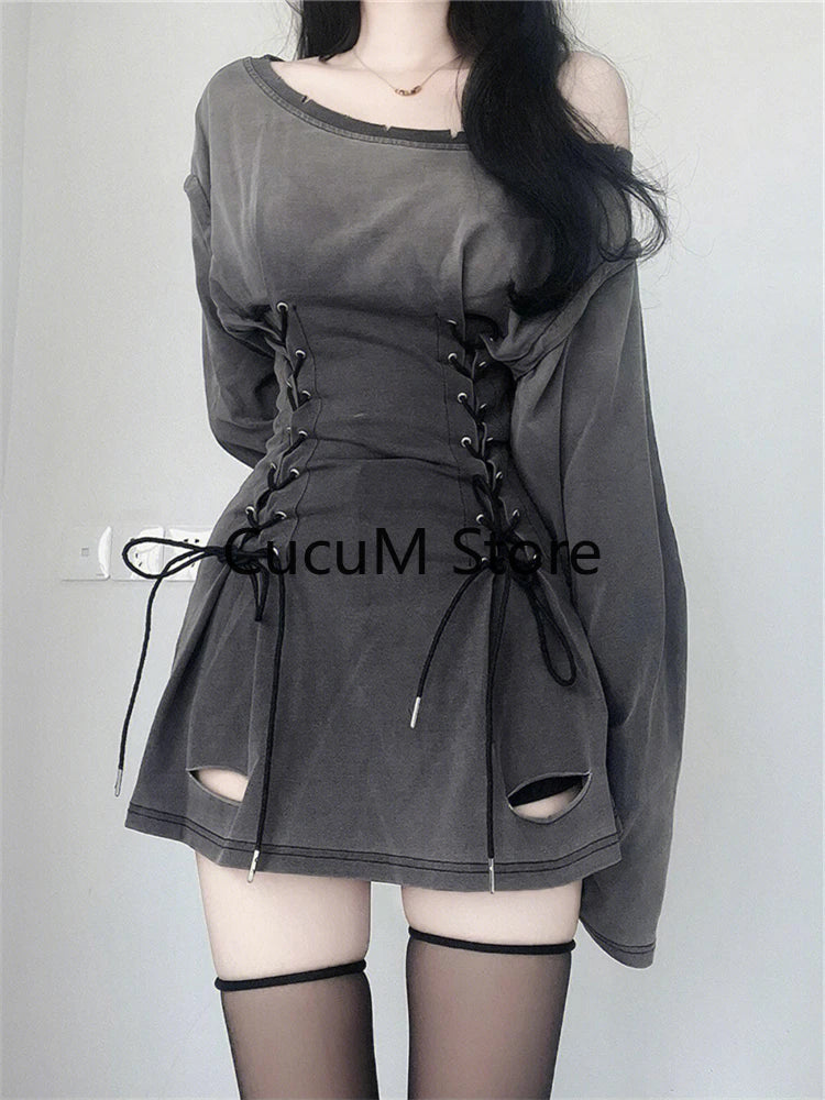 New Fairycore Grunge Goth Corset Dress Women Aesthetic Harajuku Streetwear Bandage Slim Bodycon Dress Y2k 90s Indie Clothes