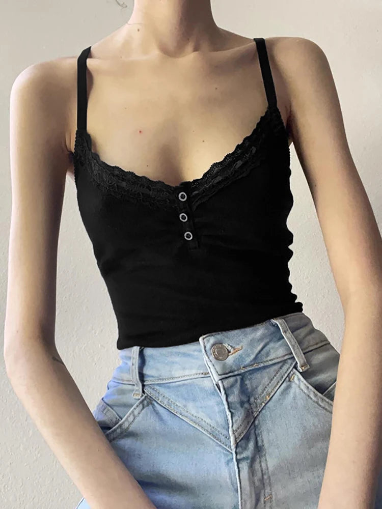 Goth Dark V-neck Sexy Basic Black Women Camis Grunge Style Emo Button Up Casual Crop Tops Y2k Lace Trim Ruched Alt Clothes 2023