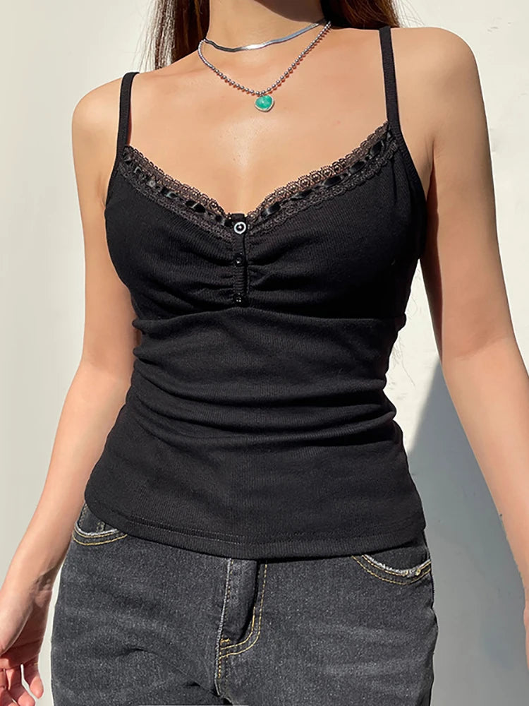 Goth Dark V-neck Sexy Basic Black Women Camis Grunge Style Emo Button Up Casual Crop Tops Y2k Lace Trim Ruched Alt Clothes 2023