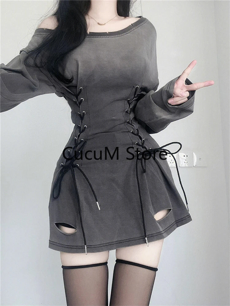 New Fairycore Grunge Goth Corset Dress Women Aesthetic Harajuku Streetwear Bandage Slim Bodycon Dress Y2k 90s Indie Clothes