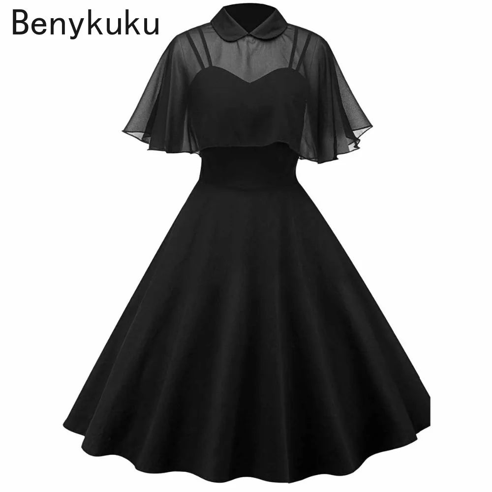 Women Vintage Gothic Cape Black Dress 2024 Autumn Two Piece Mesh Cloak Sleeves Peter Pan Collar Elegant Retro Goth Party Dresses